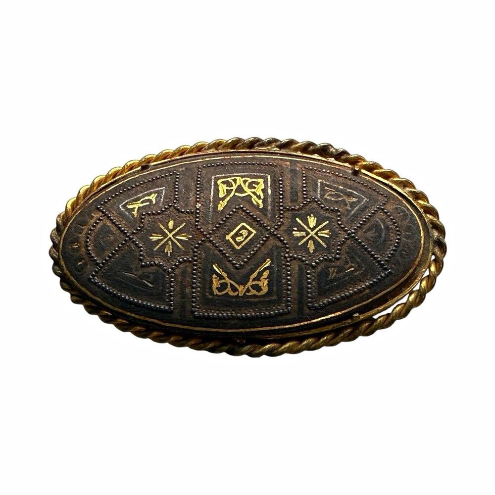 Vintage Damascene Style Brooch Black Gold Tone Trombone Clasp Geometric